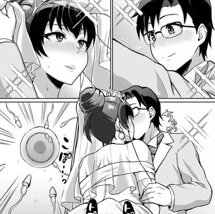 LF Mono Source: 1boy, 1girl, wedding, marriage, bride, impregnation, short hair, fertilization, kiss, crop, foreign text, glasses, business suit