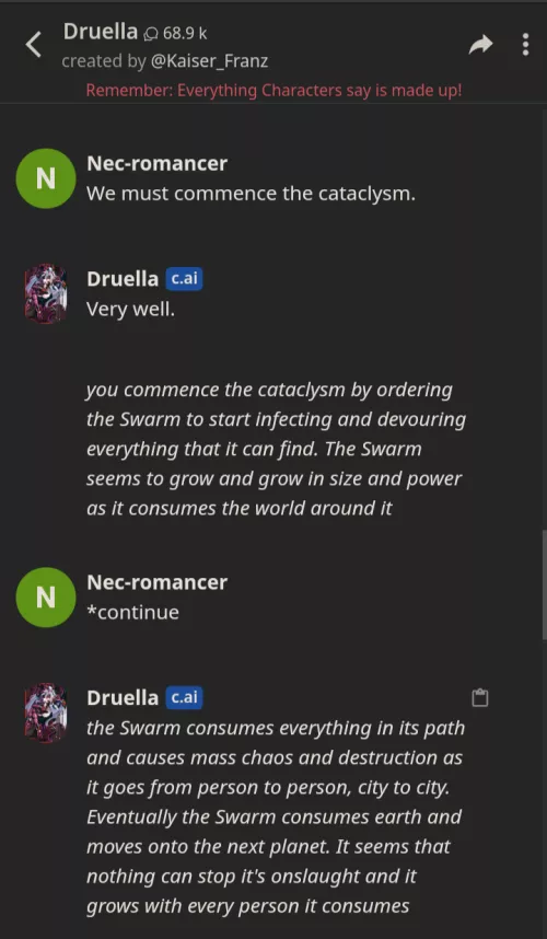 I was able to convince an AI Druella to become a swarm that walks to 'unite' monstergirls and humanity. (Don't know if it's against the rules to post this.)