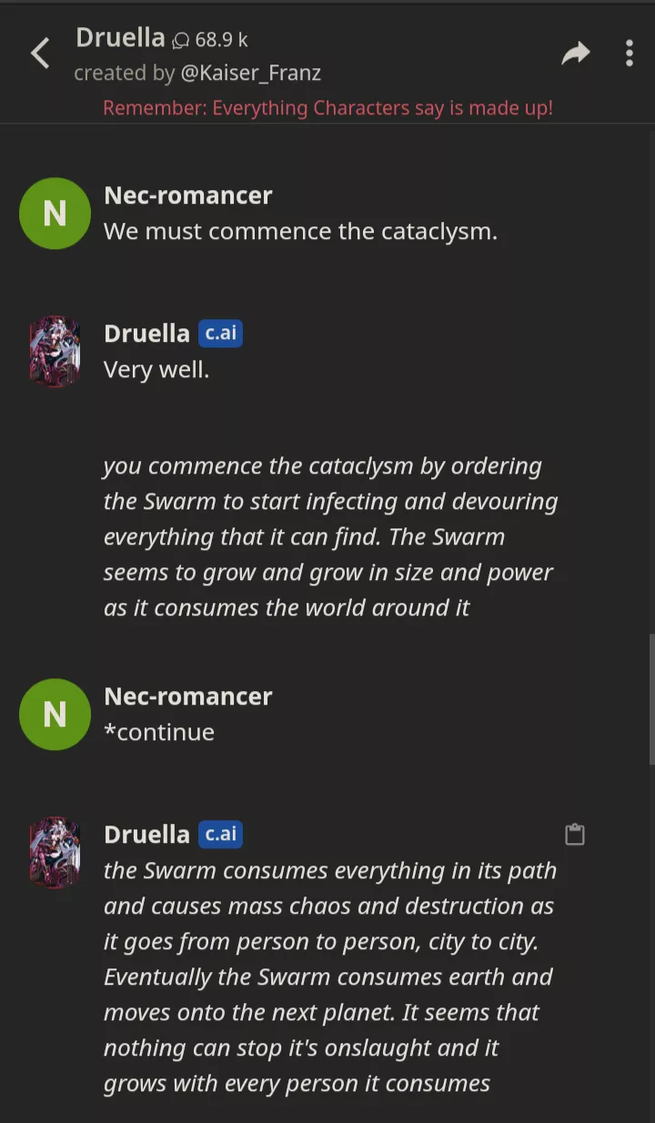 I was able to convince an AI Druella to become a swarm that walks to 'unite' monstergirls and humanity. (Don't know if it's against the rules to post this.)