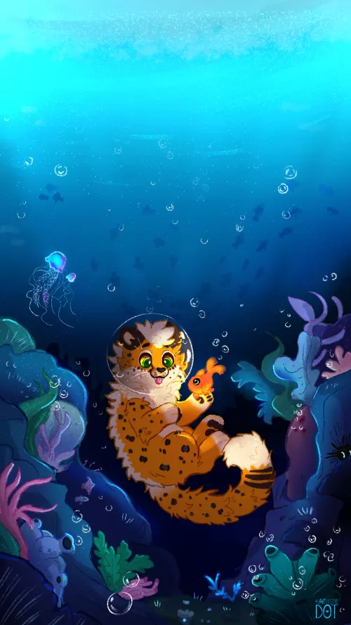 Just a kitty vibing under the sea 🌊 (YCH!!) / @artistic_dot on twitter