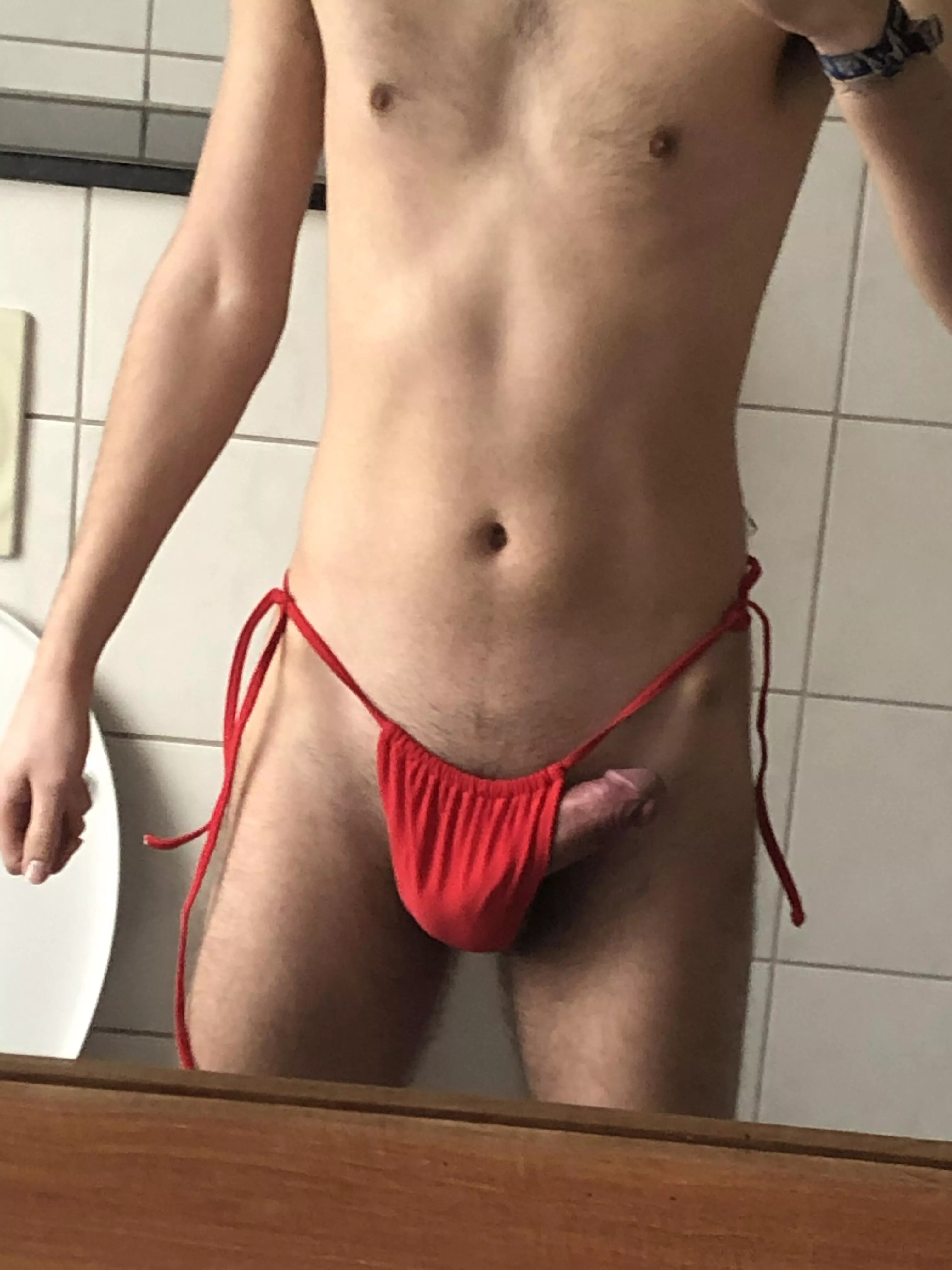 My gf wanted me to try on her bikini thong, dont think it covers it.