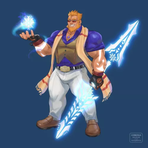 The man with glowing glaive and power source by Cerberus_Arts