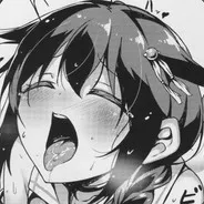 LF Mono source: 1girl, black hair, short hair, pigtail, hair ornaments, close eyes, frown, tongue out, saliva out, blush, sweat, big ears, sfx, forigen text, close up, crossed bangs, open mouth, pointed dot on face, shoulder