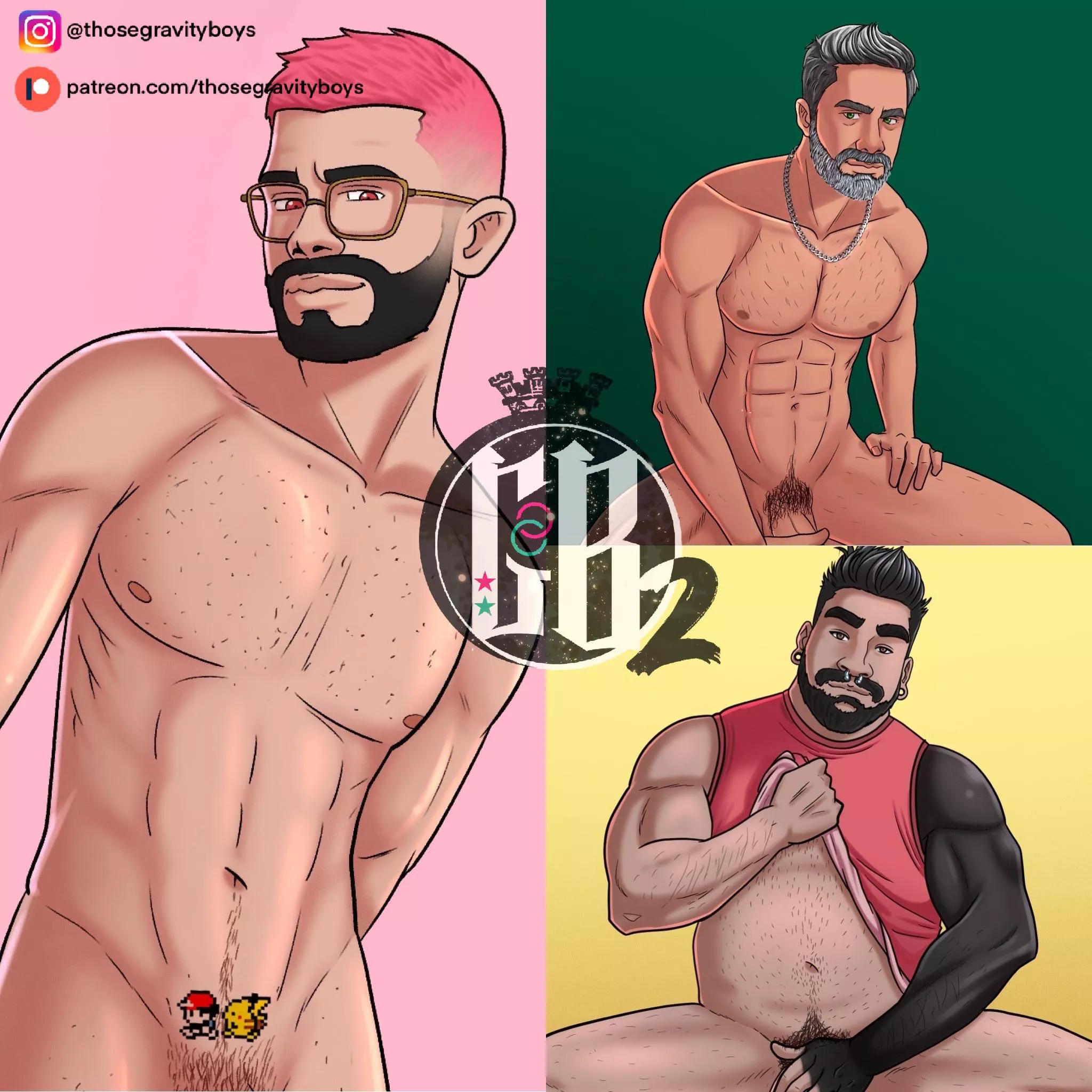 My three newest characters: Ezra (pink), Nikola (green), and Héctor (yellow) 🥵🥵🥵(Gravity Boys links in comments)