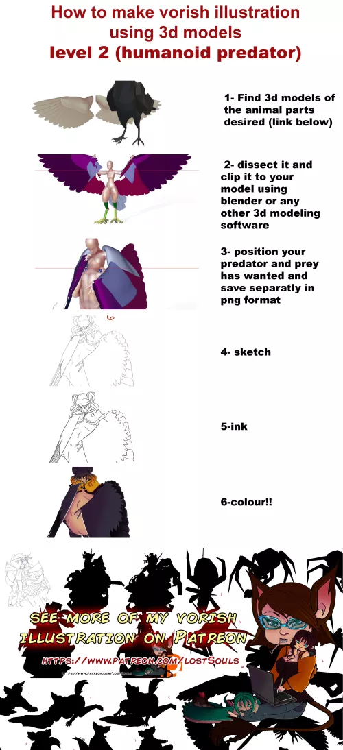 {image} very quick montage on how I make vorish illustration using 3d models level 2