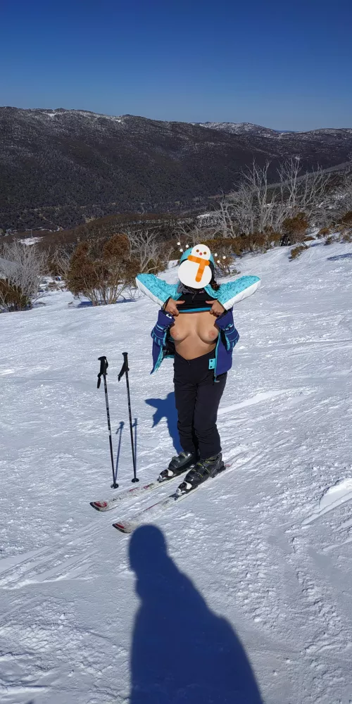 Skiing between my boobs, volunteers?
