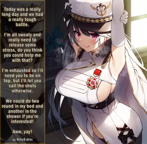 The commander had a stressful day and needs you to help her relieve the stress! [Sideboob][Top][Sweaty][Big tits][Implied Shower Sex]
