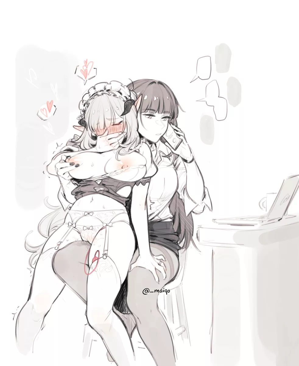 Raiden Mei answering the phone whilst taking care of Elysia (Maiqo) [Honkai Impact 3rd]