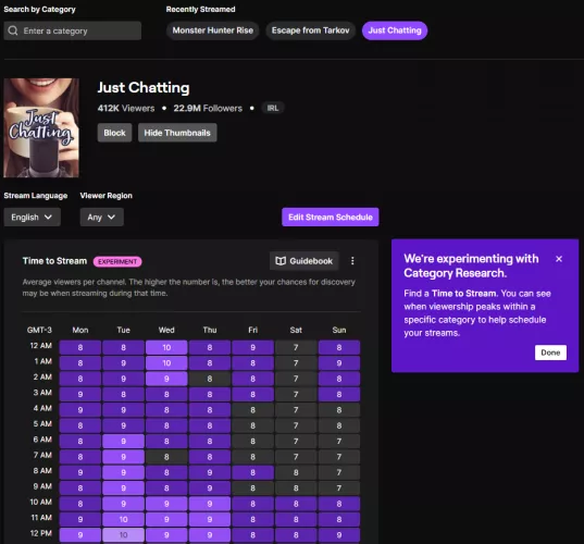 Twitch is working on a new feature called ''Research'': It allows you to plan your next stream based on discovery data, so you can choose the best time/category to start in