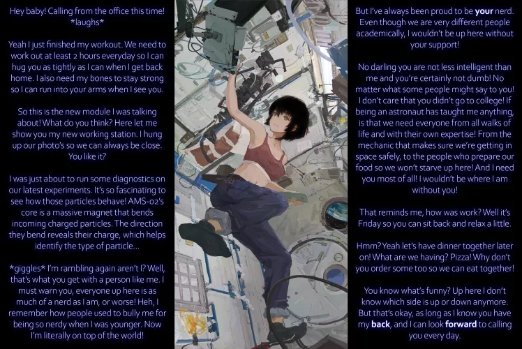 Domino’s better deliver in 30 minutes or it’s free. [Rocket Girl] [Part 2] [F/A] [wholesome] [astronaut] [girlfriend] [no sex] [calling from space station] [appreciation] [loving] {Artist: Xilmo}