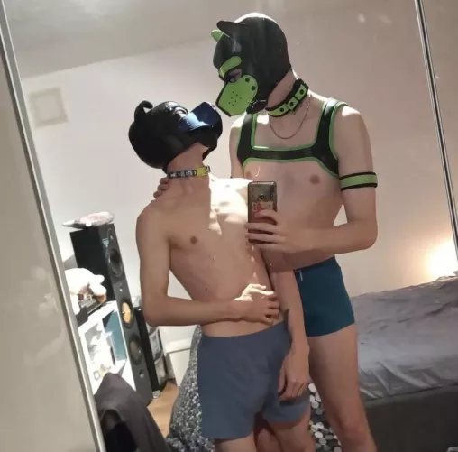 Not new to pup but new to the subreddit, green is me blue is my bf