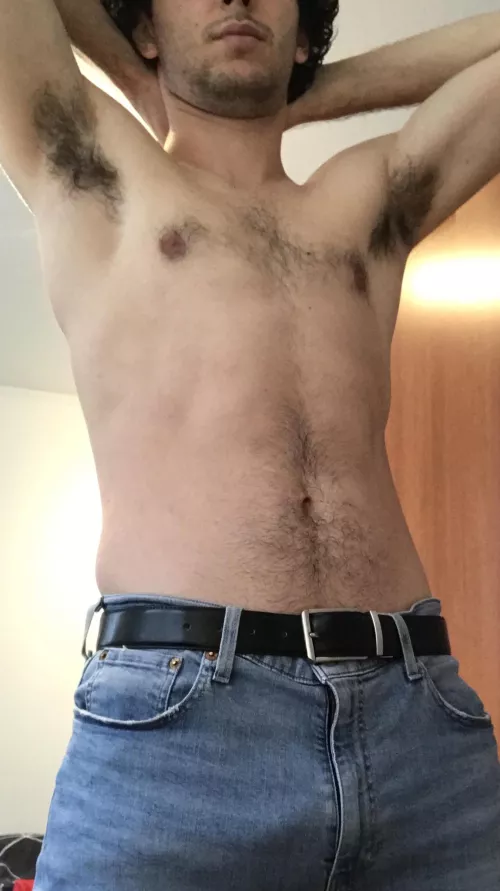 Both hands behind my head. Does that give you any nice ideas you wanna tell me about?