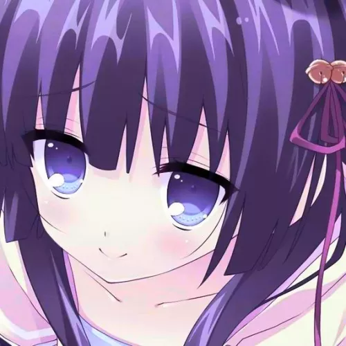 LF Color source: 1girl, face, dark blue hair, long hair, blush, blue eyes, blue shirt, small hair bell, hair ribbon, long red ribbon, hair ornaments, close up, blush, smile, looking at person, yellow hoodie, hair over shoulder