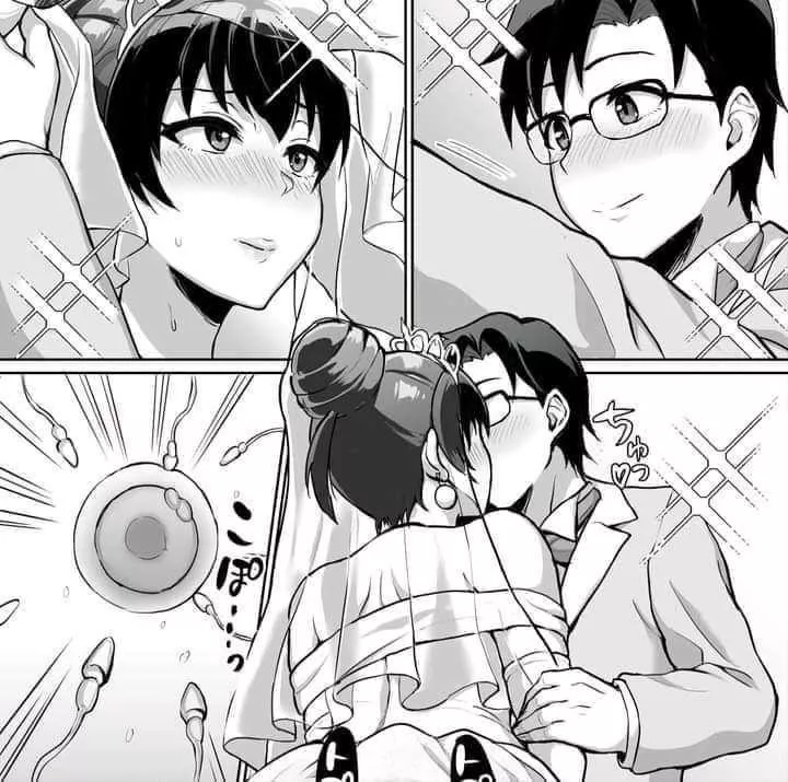 LF Mono Source: 1boy, 1girl, bare shoulders, black hair, bridal veil/wedding veil, bride, crown, earrings, eye contact, fertilization, foreign text, from behind, glasses, groom, impregnation, kiss, marriage, ovum, sfx, short hair, single hair bun, smile,