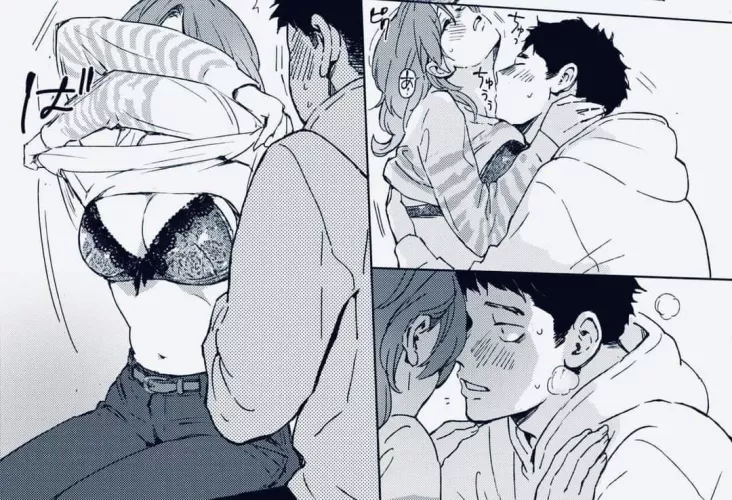 Mono 1boy, 1girl, arms up, belt, black hair, blush, bow bra, breath, crosssed arms, floral print/flower print, foreign text, hand on another's neck, hoodie, kissing neck, lace-trimmed bra, light hair, long hair, long sleeves, navel, pants, sfx, shirt, s