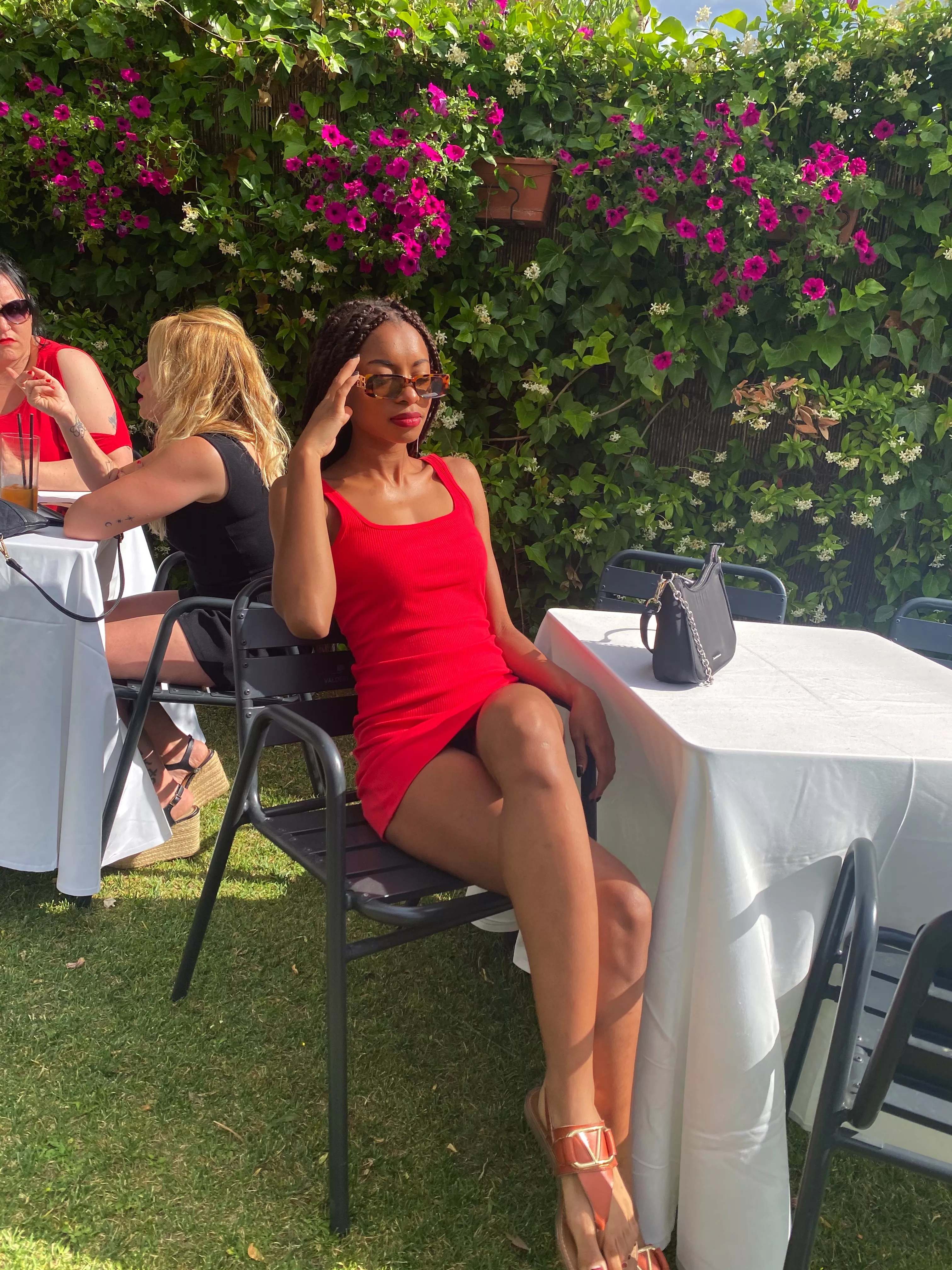 Red dress and braids on