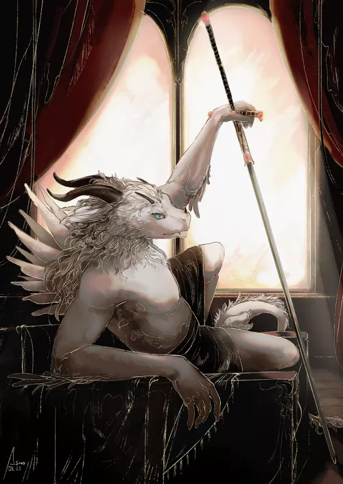 Sorry just casually lounging among my elegantly draped sheets in my beautiful room with my giant sword don't mind me | Vile by Asmo