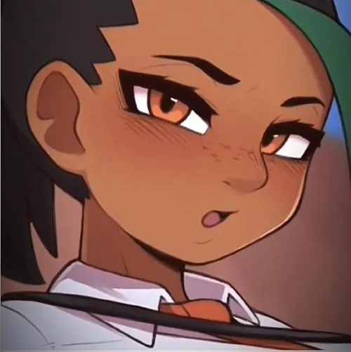 Color 1girl ,Brown eyes, Short black and green hair , Blushing, white shirt , orange tie, squinted eyes , mouth open , freckles , Brown skin color
