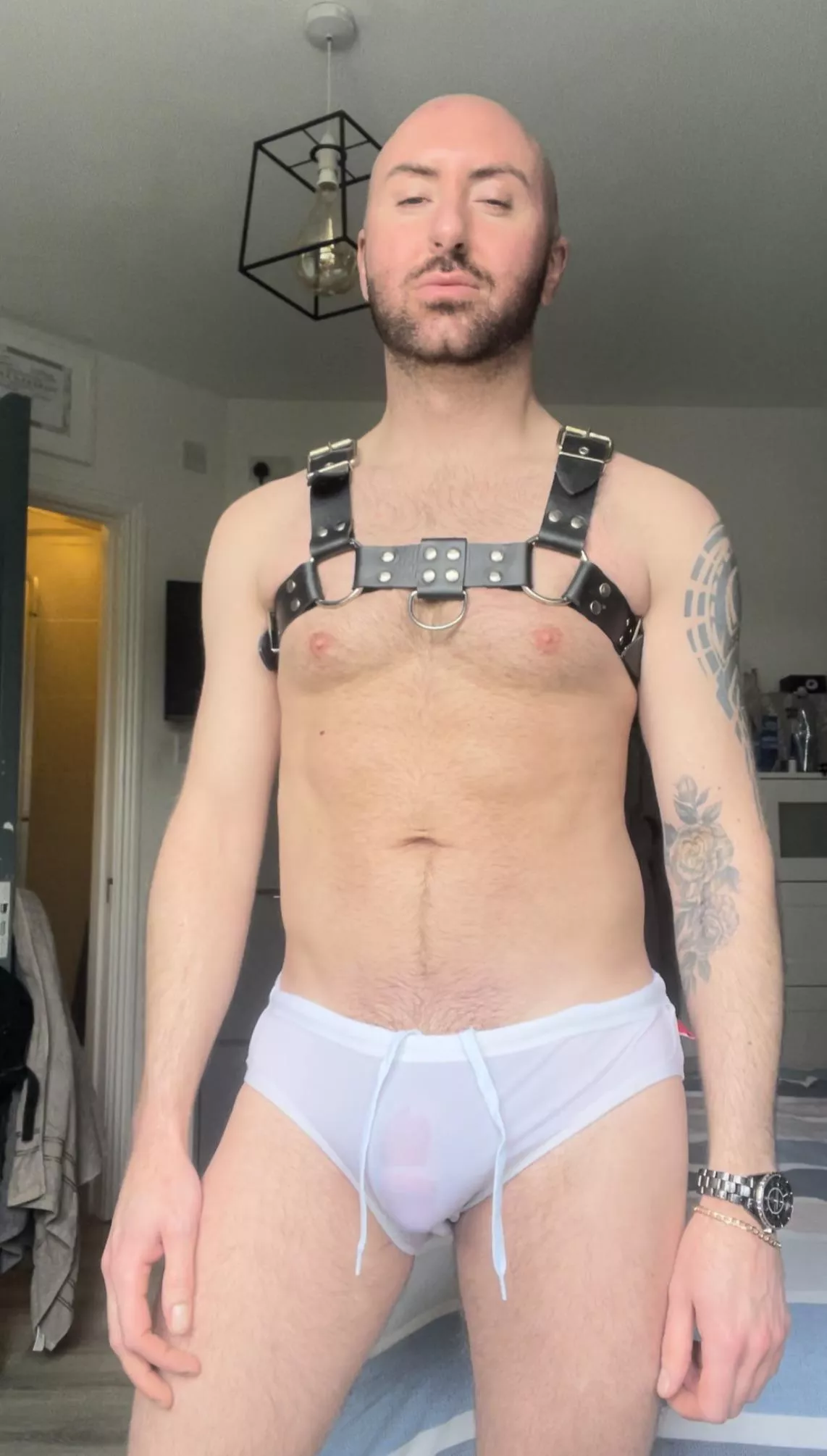 Harness and white swim briefs