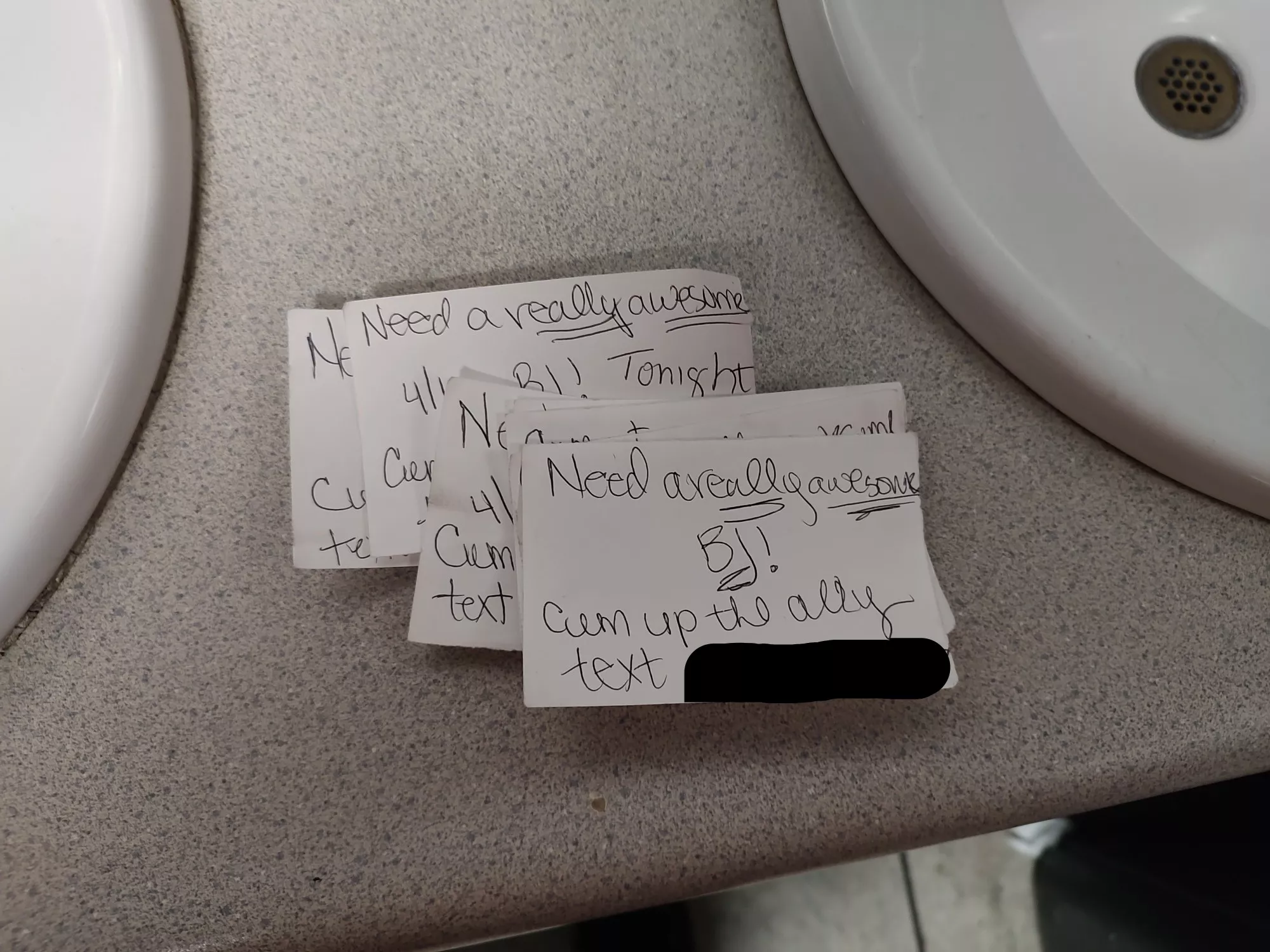 I'm an overnight swamper at a bar. This is the second night I've found these notes in the men's room. Today I found 9 of them