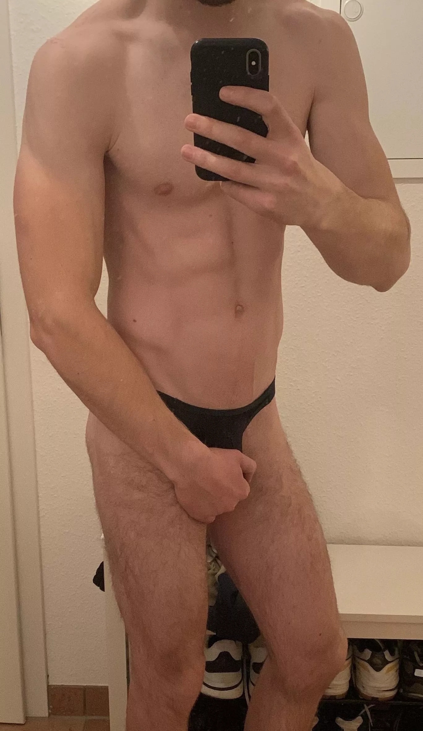 Sorry for being shy, but my cock get frisky in thong