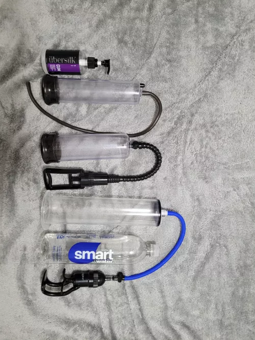 My setup by request. The first one I use as a fleshlight 🤤(33.8fl oz bottle for comparison)