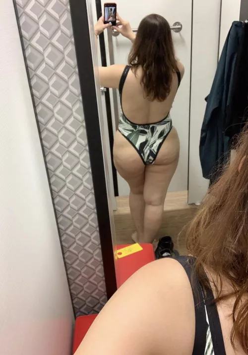 Trying on swimsuits for family vacation, she dint get this :( too much ass showing !