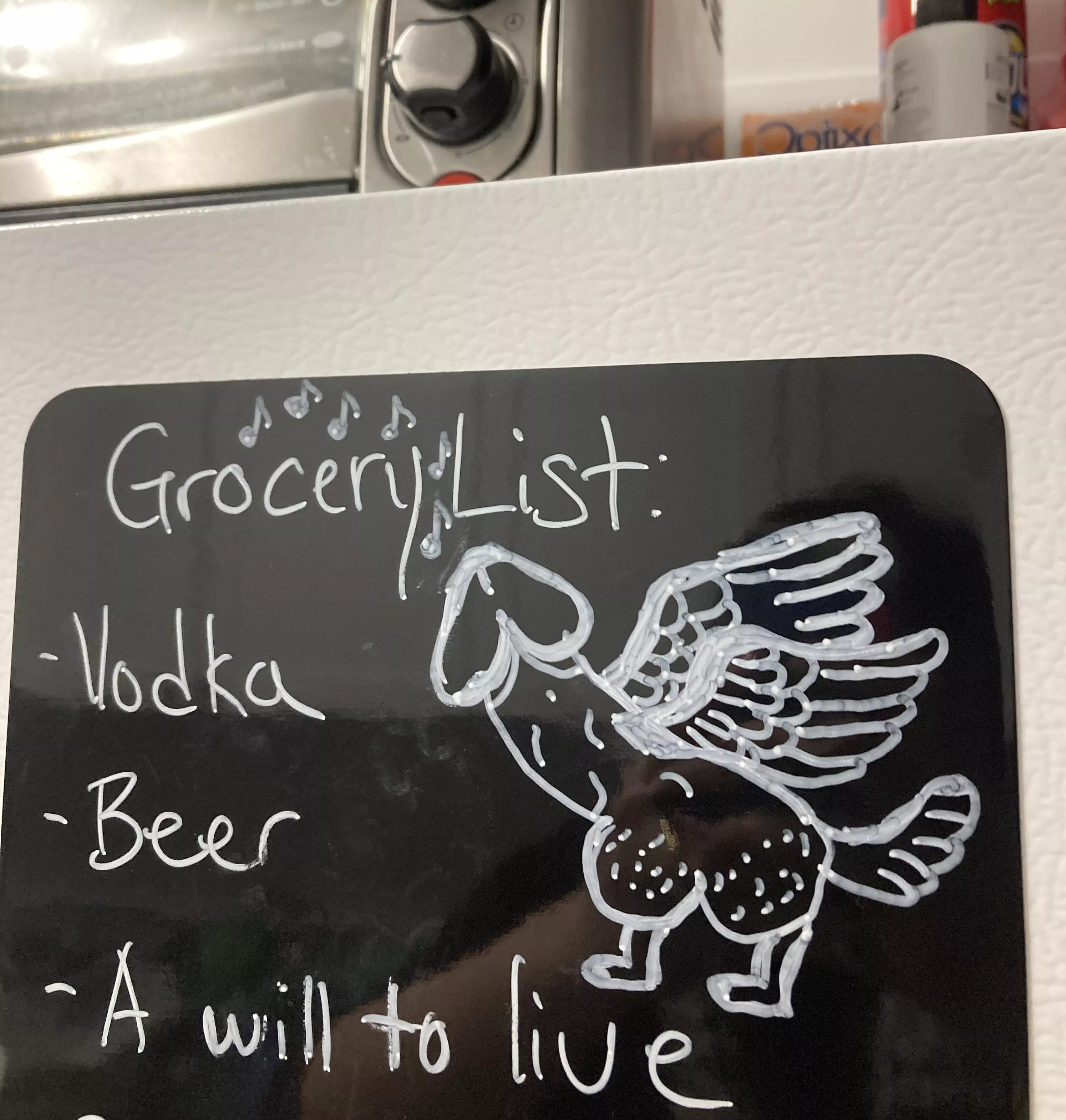 Drew a phallus bird on a friends grocery list - fits the vibe