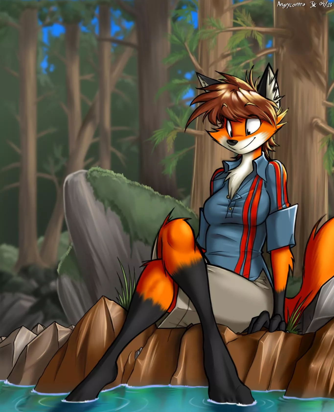 Fox sitting by lake (Art by Angrycontra)