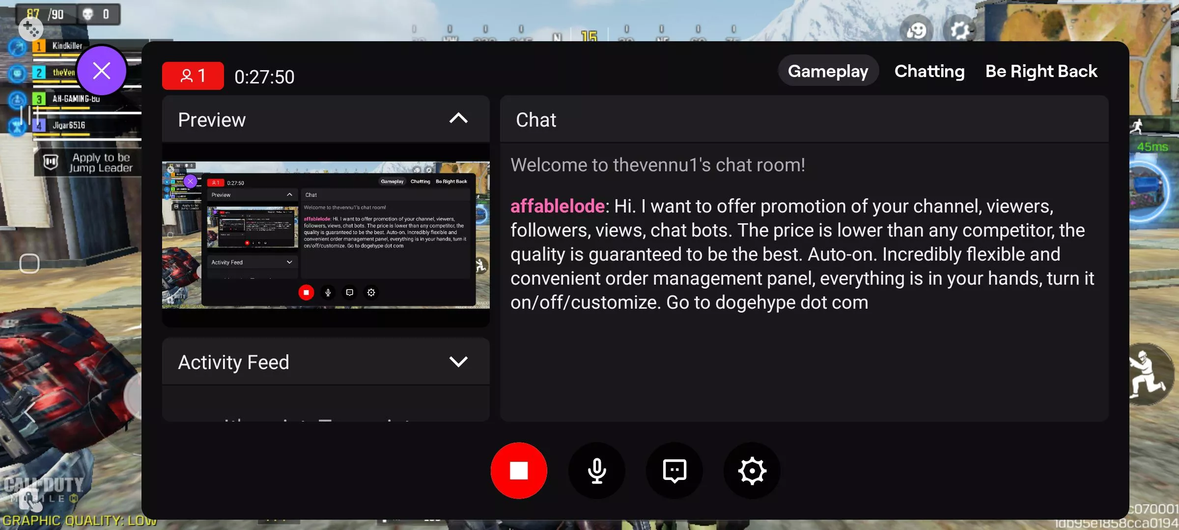 My first comment to chat I'd expected to be someone that maybe would give me tips or advise instead had been a bot similar to this. It's frankly annoying.