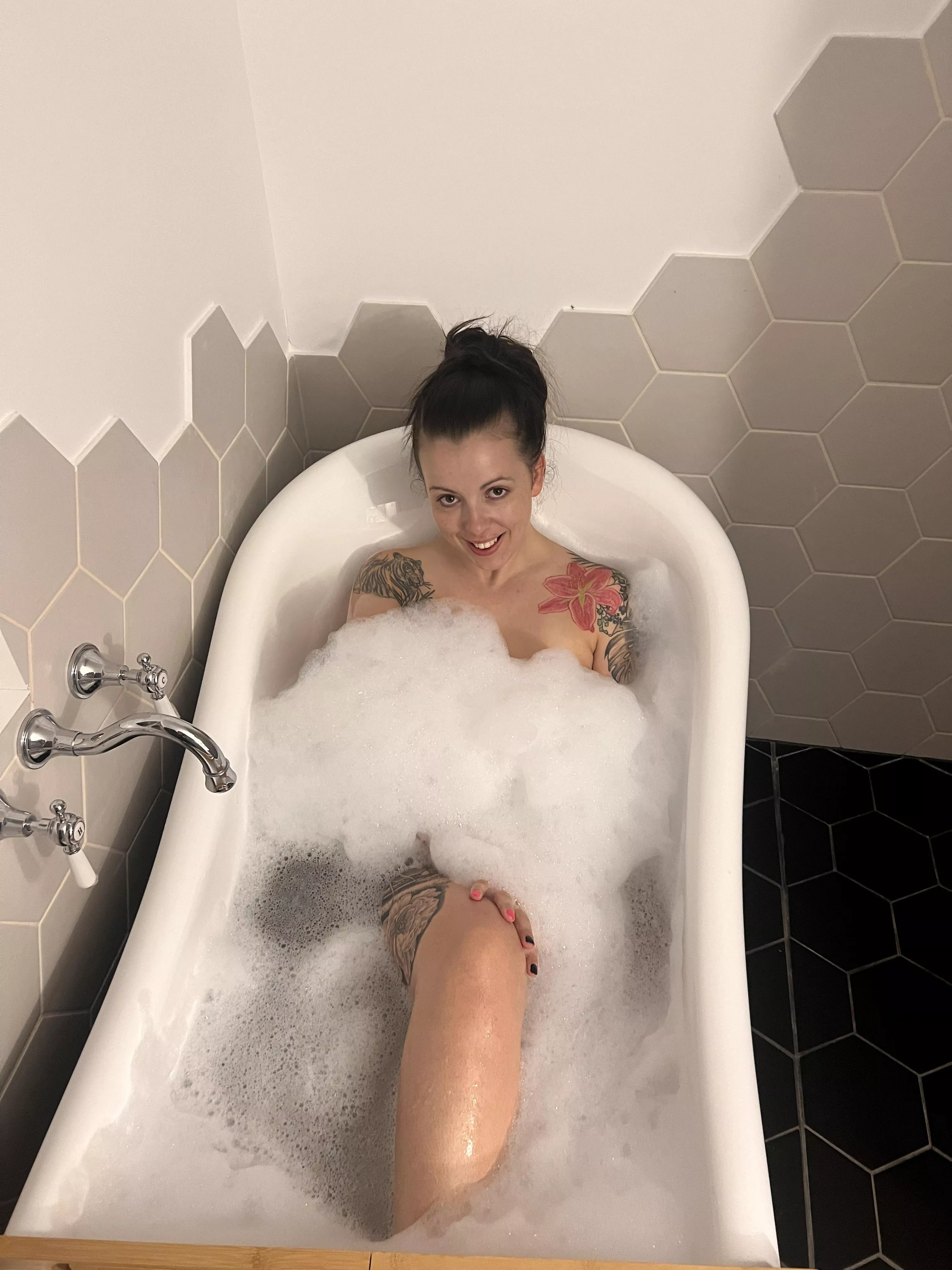 This bath is a bit small for the both of us, but I can think of ways we can save space