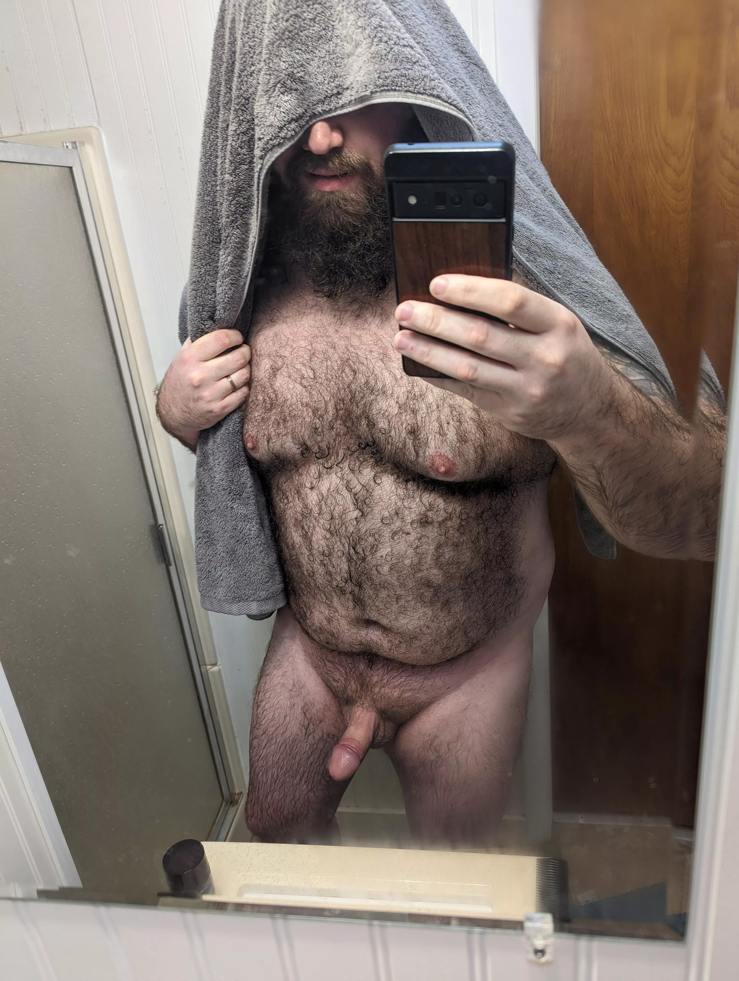 Fresh out of the shower, getting ready to start the day.