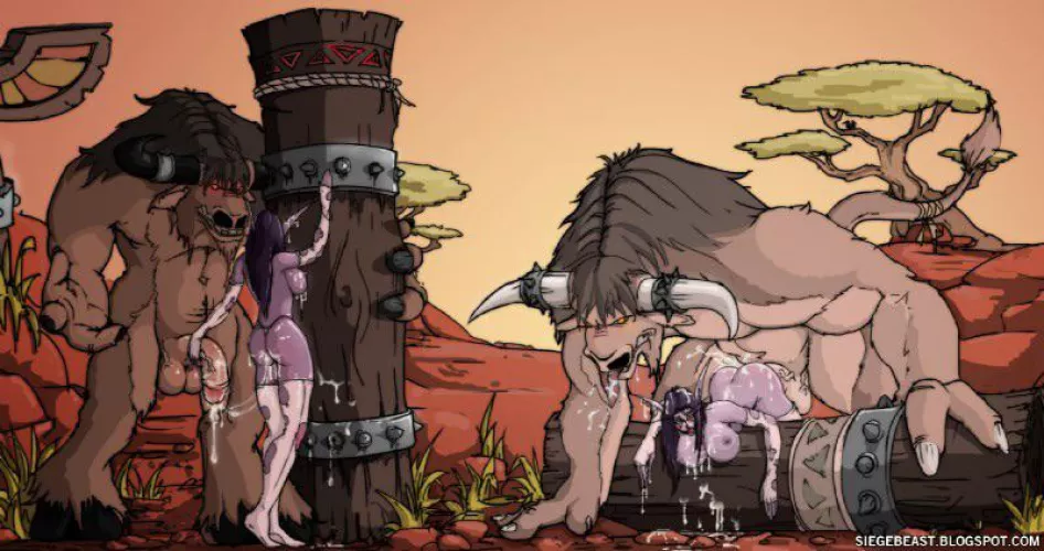 Minotaurs in their natural habitat: balls deep in some Night Elves. (siegebeast) [Warcraft]