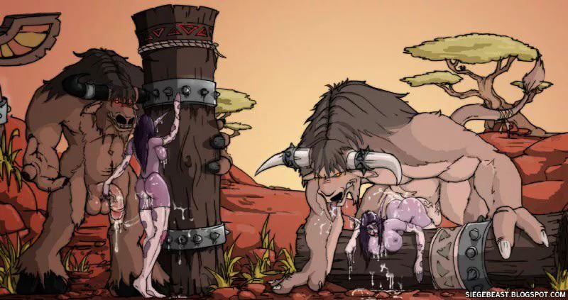 Minotaurs in their natural habitat: balls deep in some Night Elves. (siegebeast) [Warcraft]