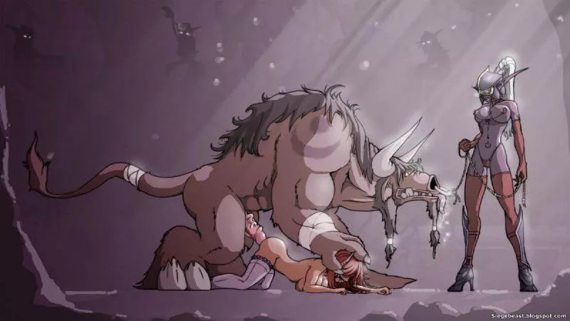 Night Elf showing off her pet bull (siegebeast) (Warcraft)
