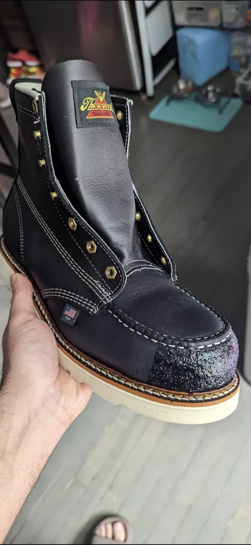 KG Boot Guard on the Thorogood steel toes. I think it came out pretty good. Did my best to not cover up the moctoe stitch. What do you guys think?