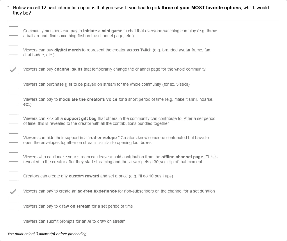 Twitch Viewer Survey I got today. Lots of new monetization ideas