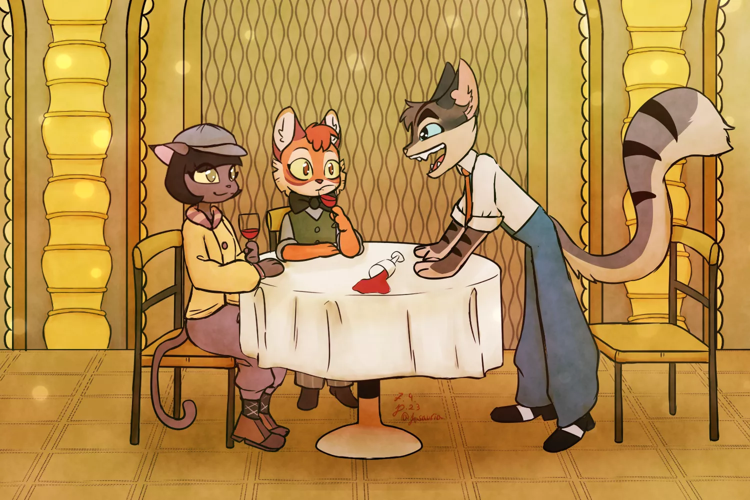 A friendly talk in the restaurant. What you think they talk about? (Lackadaisy Fanart by me)