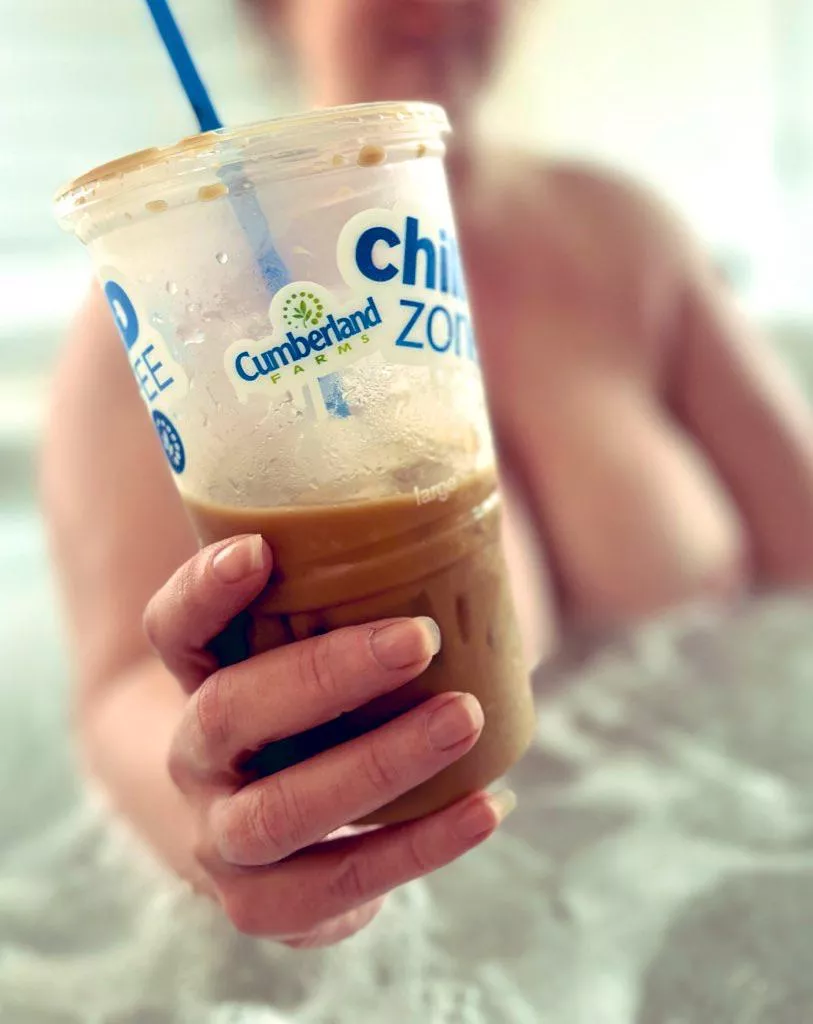 Iced coffee in the hot tub on a beautiful sunny Saturday.