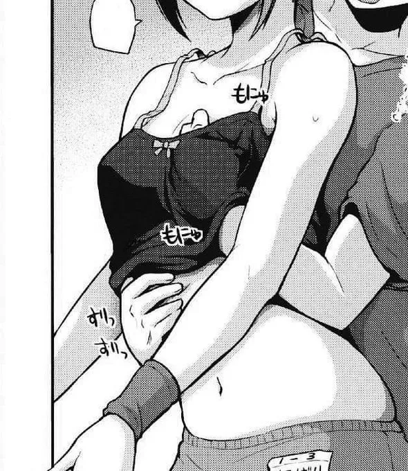 LF Mono Source: 1girl, 1boy, clothed, holding breast under clothes, crop top, no faces, no dialogue, belly, wrist band, man behind woman