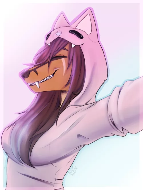Lisa taking a slefie in her pink cat hoodie