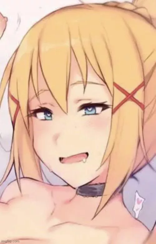 LF color source : 1girl , heart eyes, blonde hair, blue eyes, open mouth, saliva , collar , Darkness , Konosuba , cleavage