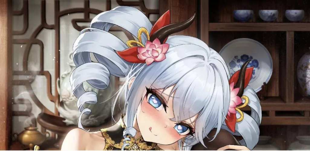 Lf Color source : 1girl , white hair, hair ornaments, blue eyes, blushing, twin tails, heart pupils, ahegao, tongue on side of mouth