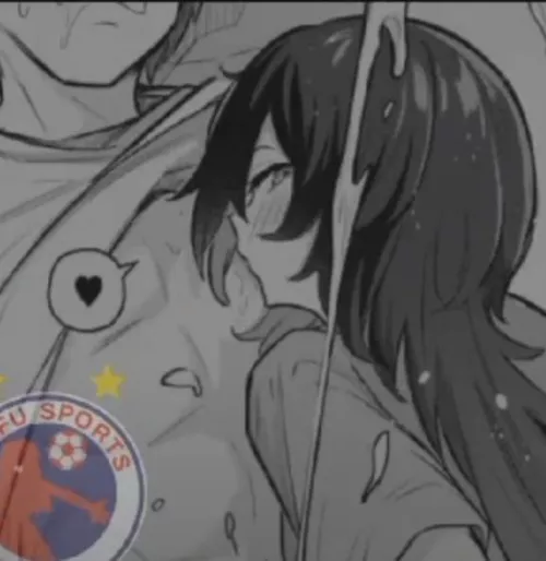 LF Mono Source: 1girl, 1boy, black hair, long hair, sucking male nipple, cum, heart in ballon text, blushed