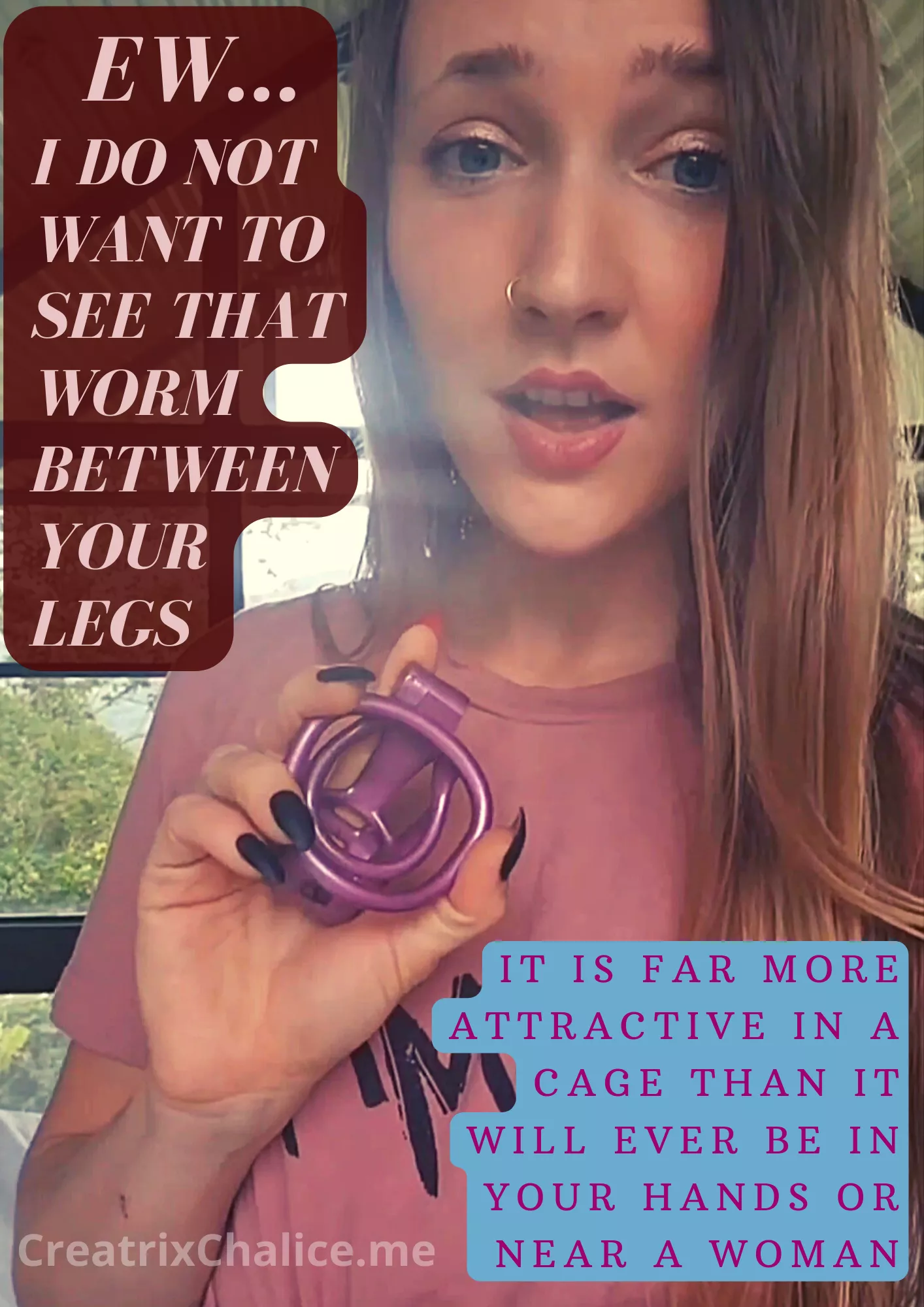 It's far more attractive in a cage.... [domme]