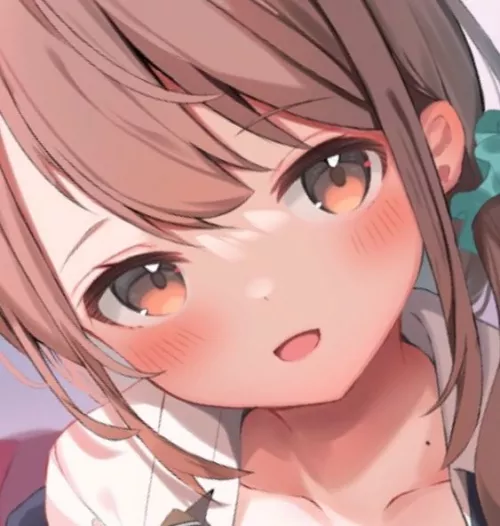 LF Color source: 1girl, brown hair, brown and orange eyes, blush, pointed dot on collarbone, green hair tie, ponytail, tied hair, white shirt, looking at viewer, smile mouth, open mouth smile, forehead, indoors