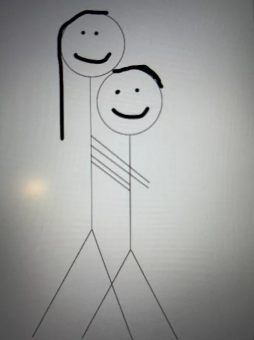 I heard that the Dommes here liked artists, so here is a drawing of me and my (hopefully future) Domme hugging.