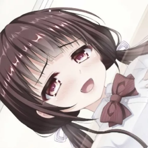 LF Color source: 1girl, bangs, blush, brown hair, red eyes, tied hair, white hair ribbon, hair scrunchie, sidelocks, hair behind ear, red neck ribbon, pointed teeth, open mouth, frown, indoor, translucent desk, breasts grab, white shirt, school uniform, 