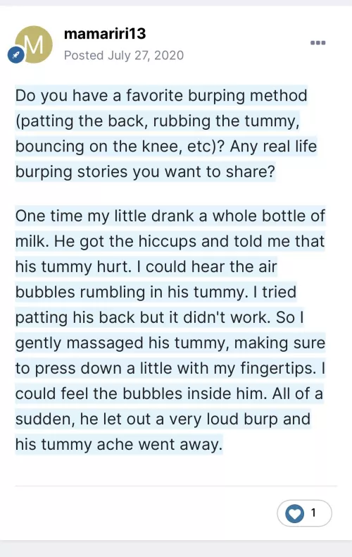 Saw this post in the Daily Diapers forum. I like to combine my burp fetish with ABDL, so I’d love to roleplay this scenario with an ABDL. I’m open to roleplay chat partners btw, so hmu. Can’t wait to give you a bottle and help you burp all that gas