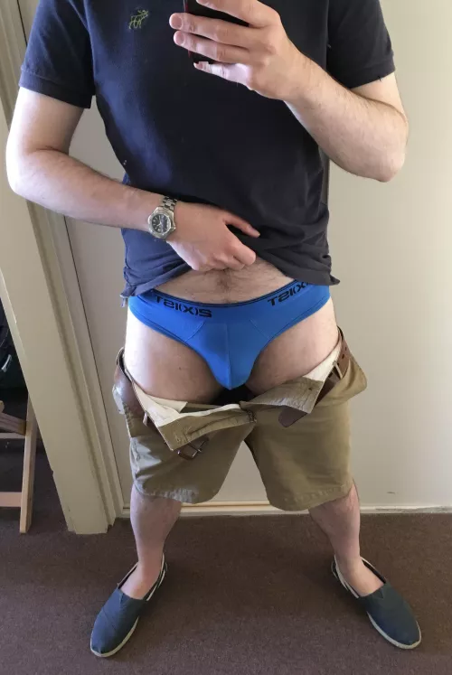 Decided to take a break from white today and go for blue briefs instead.